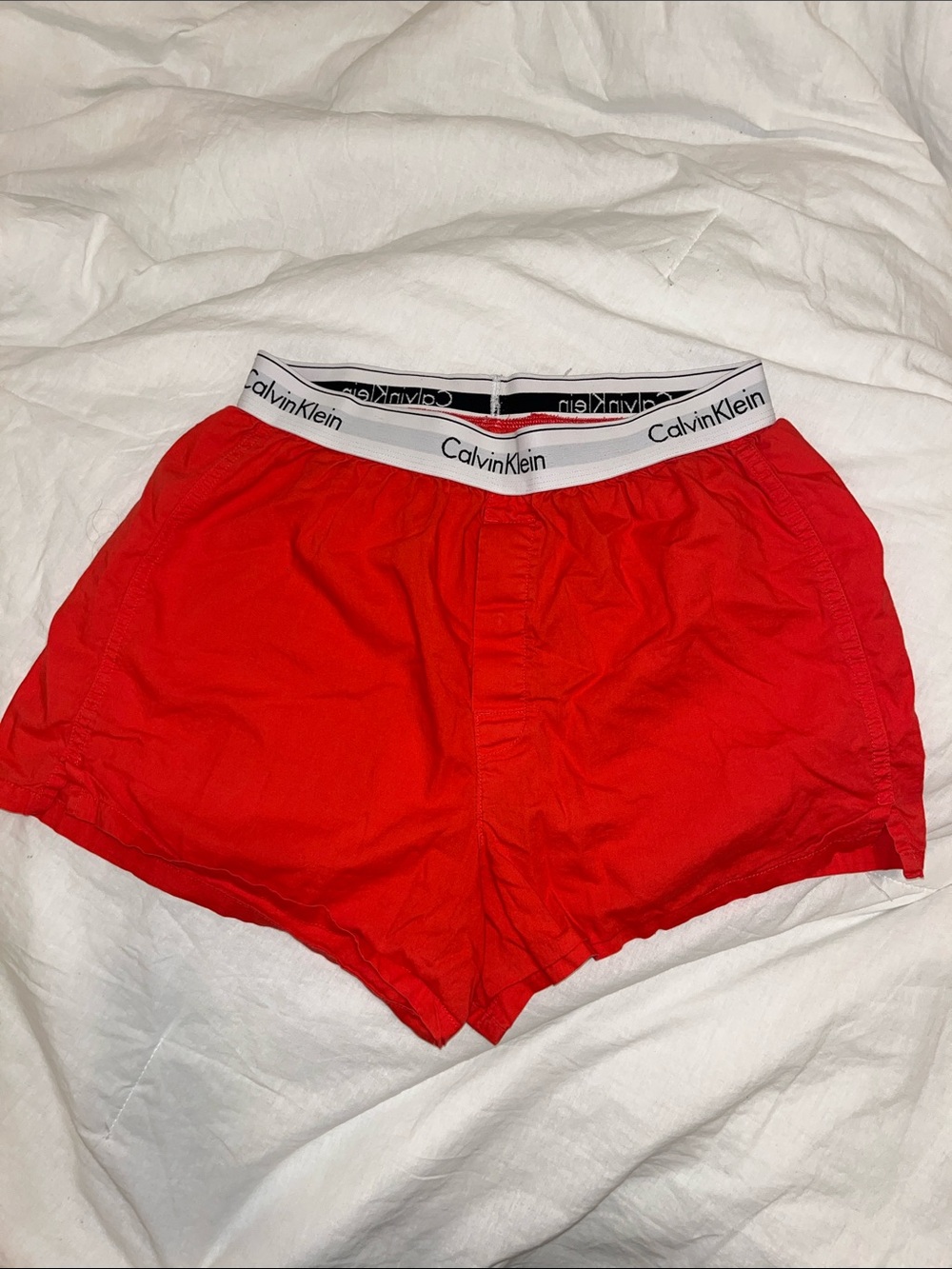Woman’s Calvin Klein Bright Red Cotton Boxer shorts with White Logo Waistband